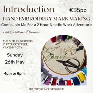 Introduction Into Hand Embroidery Class – Sip & Sew Series – Sunday 26th May – 4pm to 6pm